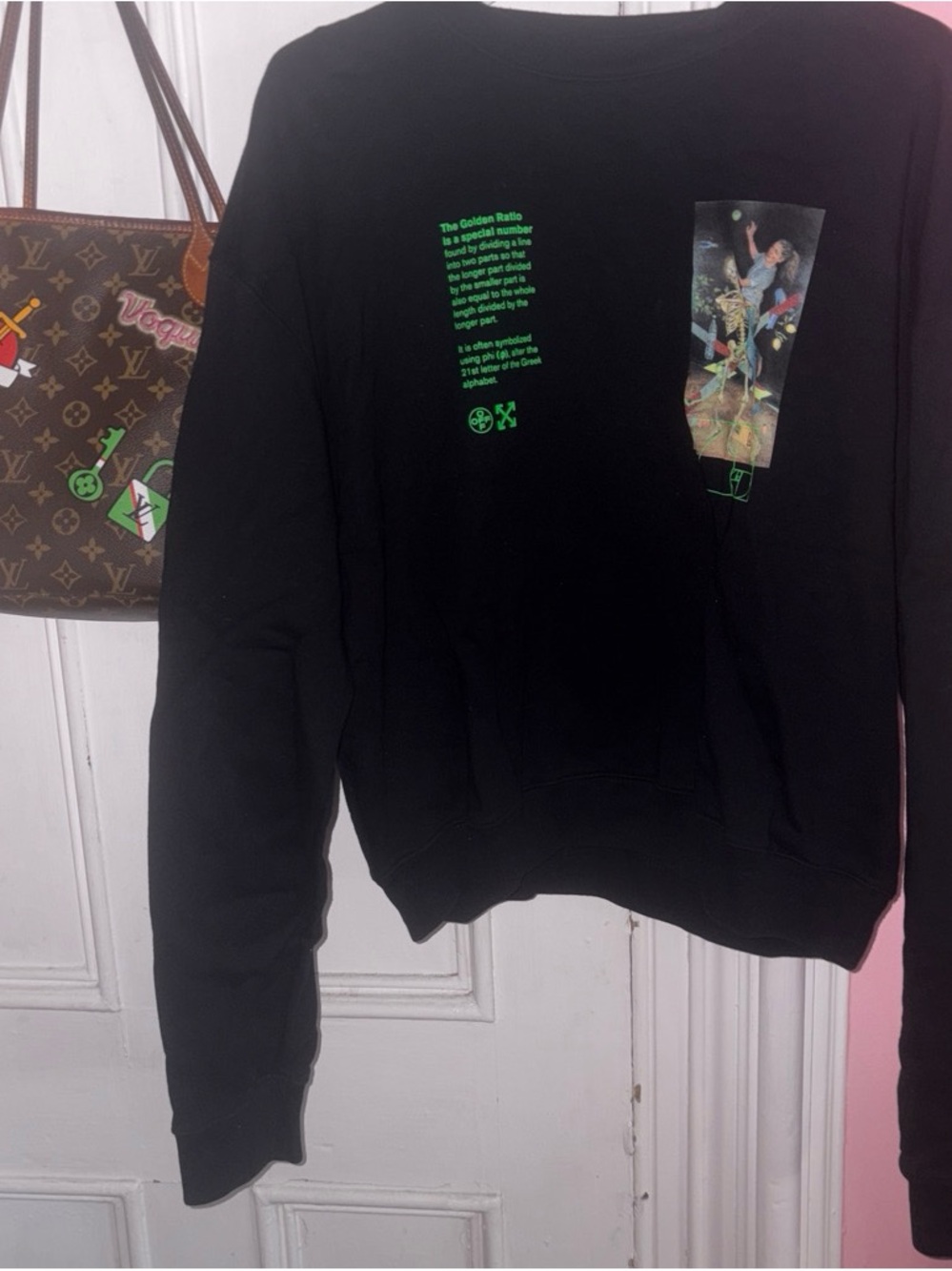 Off-White Black Crewneck Sweatshirt with Neon Green Graphic